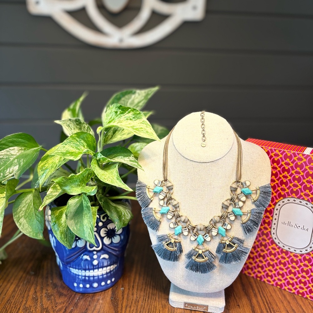 Stella & Dot Lotus Tassel Necklace Turquoise and Gold Necklace